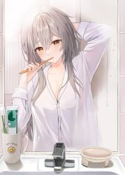 1girl absurdres alternate_costume arm_behind_head bathroom breasts brushing_teeth cleavage closed_mouth collarbone commentary grey_hair hair_between_eyes hashtag-only_commentary highres honkai:_star_rail honkai_(series) indoors light_blush long_hair looking_at_viewer medium_breasts mirror reflection shirt short_sleeves solo stelle_(honkai:_star_rail) themaree trailblazer_(honkai:_star_rail) upper_body white_shirt yellow_eyes