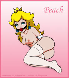 Rule 34 | 1girl, ass, ball gag, bdsm, blonde hair, blue eyes, bondage, bound, breasts, collarbone, crown, earrings, gag, jewelry, lying, mario (series), nintendo, nipples, nude, on side, princess peach, restrained, s2x, simple background, solo, super mario bros. 1, thighhighs