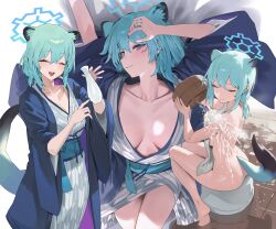 Rule 34 | 1girl, animal ears, bathing, blue archive, blue hair, blush, breasts, bucket, cleavage, closed eyes, collarbone, grey kimono, halo, highres, hood (james x), japanese clothes, kimono, large breasts, long sleeves, looking at viewer, multiple views, nude, open mouth, purple eyes, sash, shigure (blue archive), shigure (hot spring) (blue archive), short hair, sitting, smile, tail, water, weasel ears, wet, wide sleeves