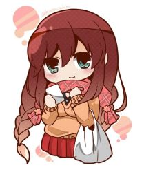 Rule 34 | 10s, 1girl, bag, bloom2425, braid, brown hair, check commentary, checkered clothes, checkered scarf, chibi, commentary request, green eyes, holding, holding paper, kantai collection, long hair, noshiro (kancolle), orange shirt, paper, plaid, plaid scarf, plastic bag, pleated skirt, red skirt, scarf, shirt, skirt, smile, solo, sweater, swept bangs, twin braids, twitter username, very long hair