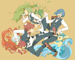 Rule 34 | 10s, 3boys, blue hair, bow, bowtie, brothers, chili (pokemon), cilan (pokemon), creatures (company), cress (pokemon), cup, drinking, fire, game freak, gen 5 pokemon, green hair, gym leader, hair over one eye, kicking, kinari, male focus, multiple boys, nintendo, panpour, pansage, pansear, pokemon, pokemon (creature), pokemon bw, red hair, short hair, siblings, teacup, traditional bowtie, tray, tree, waiter, water