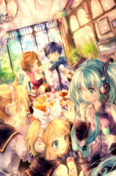 Rule 34 | 2boys, 3girls, aqua eyes, aqua hair, aqua nails, arm around neck, bad id, bad pixiv id, blonde hair, blue hair, blue scarf, bow, breasts, brother and sister, brown eyes, brown hair, cleavage, closed eyes, curtains, detached sleeves, drunk, dutch angle, fang, food, glass, hair bow, hair ornament, hairclip, hatsune miku, headphones, hug, ice cream, indoors, kagamine len, kagamine rin, kaito (vocaloid), laughing, meiko (vocaloid), multiple boys, multiple girls, nail polish, necktie, onineko, open mouth, plant, room, scarf, short hair, siblings, sleeveless, small breasts, smile, twins, twintails, vocaloid, window