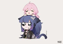 Rule 34 | 2girls, :d, ahoge, animal ears, arknights, black choker, black jacket, blacksteel worldwide logo, blue hair, blue poison (arknights), cat ears, cat girl, cat tail, chibi, chibi on head, choker, closed eyes, cropped torso, crying, crying cat (meme), crying with eyes open, ears down, flower, frown, grey shirt, hair flower, hair ornament, hands on another&#039;s head, headset, high ponytail, hood, hooded jacket, jacket, jessica (arknights), jessica the liberated (arknights), long hair, meme, microphone, multicolored hair, multiple girls, on head, open mouth, pink hair, pouch, purple hair, ruri (dailybloopy), shirt, sidelocks, simple background, smile, tail, tears, twintails, two-tone hair, white background