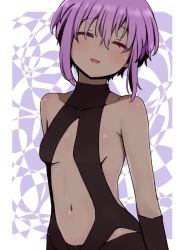 Rule 34 | 1girl, ^ ^, bare shoulders, black leotard, blush, breasts, center opening, closed eyes, collarbone, covered collarbone, dark-skinned female, dark skin, facing viewer, fate/prototype, fate/prototype: fragments of blue and silver, fate (series), hair between eyes, hassan of serenity (fate), i.u.y, leotard, navel, parted lips, purple hair, short hair, sidelocks, small breasts, smile, solo