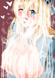 Rule 34 | 10s, 1girl, atago (kancolle), blonde hair, blush, breasts, breasts out, bukkake, cum, cum on body, cum on breasts, cum on upper body, facial, huge breasts, inu (marukome), kantai collection, tongue, tongue out, wink