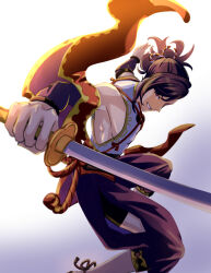 Rule 34 | 1boy, black pants, commentary request, fire emblem, fire emblem engage, gradient background, holding, holding sword, holding weapon, kagetsu (fire emblem), looking at viewer, male focus, meegon01, nintendo, pants, pectoral cleavage, pectorals, ponytail, side slit, simple background, smile, solo, sword, teeth, weapon, white background, yellow eyes