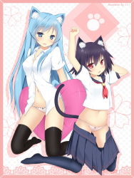 Rule 34 | 2girls, age difference, animal ears, black legwear, blue eyes, blue hair, blush, cat ears, cat tail, heart, heart-shaped pillow, highres, hip focus, kneeling, long hair, multiple girls, navel, no pants, open clothes, open mouth, open skirt, original, panties, pillow, pink panties, red eyes, short hair, skirt, sky-freedom, tail, thighhighs, underwear, undressing