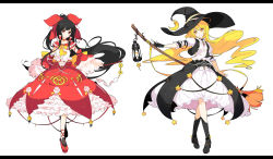 Rule 34 | 2girls, adapted costume, ascot, black dress, black gloves, black hair, blonde hair, boots, bow, broom, detached sleeves, dress, embarrassed, embellished costume, fingerless gloves, gloves, gohei, grin, hair bow, hair tubes, hakurei reimu, hat, highres, ideolo, kirisame marisa, lantern, layered dress, letterboxed, long hair, long sleeves, multiple girls, open clothes, open vest, petticoat, ponytail, red dress, red eyes, shirt, skirt, smile, touhou, very long hair, vest, white background, white dress, wide sleeves, witch hat, yellow eyes
