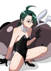 1girl animal_ears black_leotard bow bowtie clodsire covered_navel creatures_(company) detached_collar fake_animal_ears fake_tail game_freak genjitsu_o_miro green_hair highleg highleg_leotard highres leotard nintendo playboy_bunny pokemon pokemon_sv rabbit_ears rabbit_tail red_eyes rika_(pokemon) strapless strapless_leotard tail