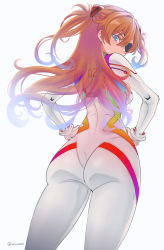 Rule 34 | 1girl, ass, ass focus, blue eyes, bodysuit, breasts, evangelion: 3.0+1.0 thrice upon a time, eyepatch, from behind, gloves, hair ornament, hands on own hips, highres, huge ass, long hair, looking at viewer, looking back, medium breasts, neon genesis evangelion, orange hair, pilot suit, plugsuit, rebuild of evangelion, solo, souryuu asuka langley, turtleneck, twintails, two side up, vinhnyu, wide hips