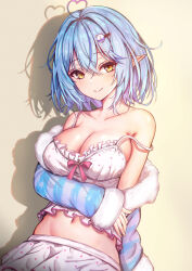 Rule 34 | 1girl, absurdres, bare shoulders, blue hair, breasts, cleavage, highres, hololive, large breasts, looking at viewer, medium breasts, mito soosu, short hair, smile, solo, virtual youtuber, yellow eyes, yukihana lamy