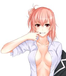 Rule 34 | 10s, 1girl, blush, breasts, center opening, collarbone, grin, hair between eyes, hair bun, highres, jacket, unworn jacket, looking at viewer, medium breasts, midriff, mouth pull, open clothes, open shirt, pink hair, pulled by self, red eyes, shirt, short sleeves, side bun, single hair bun, single side bun, smile, solo, unbuttoned, unbuttoned shirt, upper body, watarase piro, white shirt, yahari ore no seishun lovecome wa machigatteiru., yuigahama yui