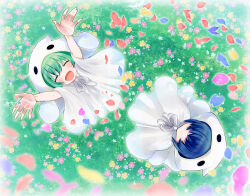 Rule 34 | 1boy, 1girl, arms up, blue hair, brother and sister, closed eyes, closed mouth, field, flower, flower field, from above, ghost costume, green hair, hair over eyes, happy, kashima miyako, open mouth, pink flower, purple flower, puyopuyo, puyopuyo fever, rei (puyopuyo), short hair, siblings, yellow flower, yu (puyopuyo)