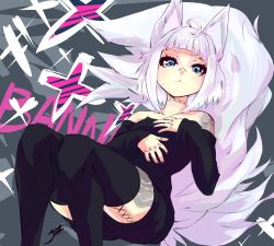 Rule 34 | 1girl, aetherion, ahoge, animal ears, black sweater, black thighhighs, blue eyes, facial mark, leg tattoo, long hair, looking at viewer, neck tattoo, original, shorts, shoulder tattoo, snow sos, solo, sweater, tail, tattoo, thighhighs, white hair