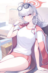 Rule 34 | 1girl, ahoge, arm support, asicah, bag, black-framed eyewear, black wings, blue archive, blush, braid, buruma, closed mouth, commentary request, cowboy shot, crossed legs, eyewear on head, food, grey hair, gym uniform, halo, hand up, haruna (blue archive), haruna (track) (blue archive), highres, jacket, jacket on shoulders, long hair, looking at viewer, medium hair, multicolored clothes, multicolored jacket, open clothes, open jacket, paper bag, red buruma, red eyes, red jacket, shirt, shopping bag, short sleeves, side braid, sidelocks, single wing, sitting, smile, solo, striped, thighs, track jacket, two-tone jacket, vertical stripes, white shirt, wings, wristband, zipper pull tab