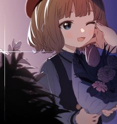 Rule 34 | 1girl, ;d, absurdres, ahoge, backlighting, blue eyes, blunt bangs, blurry, blush, bouquet, dark, depth of field, dot nose, eyes visible through hair, flower, from side, hand on another&#039;s cheek, hand on another&#039;s face, hands up, highres, holding, holding bouquet, idolmaster, idolmaster million live!, indoors, leaf, light brown hair, long sleeves, meeeeeeco359, one eye closed, open mouth, plant, short hair, smile, solo focus, sparkle, suou momoko, tulip, uniform series (idolmaster), upper body, wavy hair