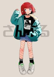 Rule 34 | + +, 1girl, choker, female focus, fishnets, jacket, open mouth, original, oversized clothes, red hair, short hair, skirt, sleeves past wrists, solo, standing, yokoshima wakaba