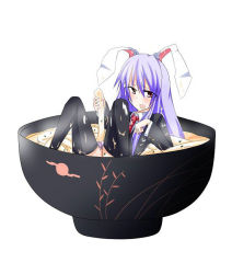 Rule 34 | 1girl, animal ears, bad id, bad pixiv id, cup, female focus, food, in container, in cup, in food, long hair, mini person, minigirl, nakatama kyou, noodles, purple hair, rabbit ears, reisen udongein inaba, sitting, socks, solo, thighhighs, touhou, white background