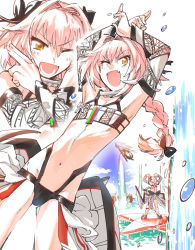 Rule 34 | 1boy, ;d, altera (fate), altera (fate) (cosplay), androgynous, astolfo (fate), braid, cosplay, fate/apocrypha, fate (series), hot limit, long hair, male focus, navel, one eye closed, open mouth, parody, pink hair, ribbon, single braid, smile, solo, t.m.revolution, tsuru (clainman), yellow eyes