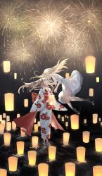 Rule 34 | 2girls, absurdres, back bow, bare arms, barefoot, blonde hair, blue eyes, bow, brown hair, commentary request, dress, eye contact, fireworks, floral print, grey eyes, hand on another&#039;s face, highres, iwai ku tsuki, japanese clothes, kimono, lantern, lantern on liquid, long hair, long sleeves, looking at another, multiple girls, night, night sky, obi, original, outdoors, paper lantern, parted lips, print kimono, profile, sandals, sash, shirt, sky, sleeveless, sleeveless shirt, tears, wading, water, white dress, white kimono, yuri