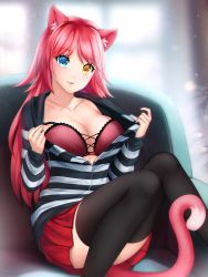 Rule 34 | 1girl, animal ear fluff, animal ears, bad id, bad pixiv id, blue eyes, blurry, blurry background, blush, bra, breasts, cat ears, cat girl, cat tail, cleavage, collarbone, couch, dot nose, eyelashes, fang, gigamessy, heterochromia, knees together feet apart, large breasts, long hair, looking at viewer, open clothes, open shirt, original, pink tail, red bra, red hair, red skirt, shirt, sitting, skirt, smile, smirk, solo, striped clothes, striped shirt, tail, thighhighs, underwear, yellow eyes, zettai ryouiki, zipper