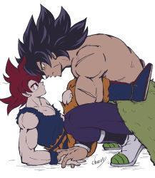 Rule 34 | 2boys, animal costume, bare arms, bare shoulders, black eyes, black hair, broly (dragon ball super), cherry (cherrymoon26), couple, cow costume, dragon ball, dragon ball super, eye contact, forehead-to-forehead, fur (clothing), holding hands, heads together, interlocked fingers, interracial, looking at another, male focus, mature male, multiple boys, muscular, muscular male, pectoral cleavage, pectorals, red hair, scar, scar on arm, shirt, topless male, short hair, sleeveless, son goku, spiked hair, squatting, super saiyan, super saiyan god, torn clothes, torn shirt, yellow eyes