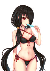 Rule 34 | 10s, 1girl, absurdres, bikini, black bikini, black hair, breasts, cameltoe, date a live, food, front-tie top, gyakushuu no hoshiumi, hair over one eye, heterochromia, highres, long hair, looking at viewer, navel, popsicle, red eyes, revision, side-tie bikini bottom, solo, standing, swimsuit, thigh gap, tokisaki kurumi, tongue, tongue out, twintails, yellow eyes