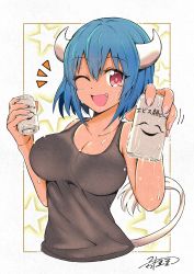 Rule 34 | 1girl, absurdres, bad id, bad twitter id, bare shoulders, black tank top, blue hair, blush, border, breasts, can, cleavage, collarbone, cow girl, cow horns, fang, highres, horns, jashin-chan dropkick, large breasts, looking at viewer, minos (jashin-chan dropkick), one eye closed, open mouth, red eyes, religious offering, short hair, simple background, smile, solo, star (symbol), starry background, sweat, tank top, white border, yuuki shushu