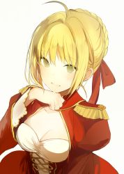 Rule 34 | 10s, 1girl, :d, ahoge, bad id, bad tumblr id, blonde hair, braid, breasts, cleavage, cleavage cutout, clenched hand, clothing cutout, collarbone, dress, epaulettes, eyebrows, fate/extra, fate (series), french braid, green eyes, hair intakes, hair ribbon, hand on own chin, looking at viewer, lpip, medium breasts, nero claudius (fate), nero claudius (fate) (all), nero claudius (fate/extra), open mouth, red dress, red ribbon, ribbon, simple background, smile, solo, underbust, white background