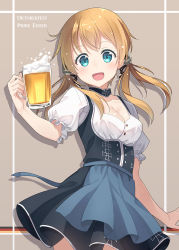 Rule 34 | 10s, 1girl, :d, alcohol, apron, beer, beer mug, blonde hair, blue apron, blue eyes, breasts, character name, cleavage, cross, cup, dirndl, dress, german clothes, hyuuga azuri, iron cross, kantai collection, long hair, looking at viewer, mug, oktoberfest, open mouth, prinz eugen (kancolle), smile, solo, twintails, underbust, waist apron