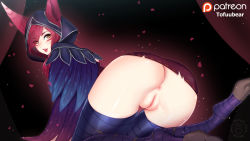 Rule 34 | 1girl, all fours, anus, ass, bent over, bottomless, cleft of venus, fat mons, league of legends, looking at viewer, looking back, naughty face, no panties, pussy, solo, tofuubear, uncensored, xayah
