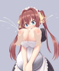 Rule 34 | 1girl, :o, apron, aqua eyes, black dress, bouncing breasts, bow, grabbing another&#039;s breast, breasts, breasts squeezed together, brown hair, cleavage, croodle, disembodied hand, dress, grabbing, grey background, hair bow, highres, holding, holding tray, lactation, large breasts, maid, maid apron, maid headdress, nipples, no bra, open mouth, original, puffy sleeves, short sleeves, simple background, solo focus, teeth, topless, tray, twintails, underboob, upper teeth only, yellow bow