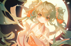 Rule 34 | 1girl, blush, closed mouth, full moon, green eyes, green hair, hair between eyes, hair ornament, hatsune miku, highres, japanese clothes, long hair, long sleeves, looking at viewer, moon, smile, solo, tuzhate, twintails, vocaloid, wide sleeves