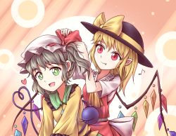 Rule 34 | 2girls, adjusting bow, alternate hairstyle, bad id, bad twitter id, blonde hair, bow, crystal, eyeball, fang, flandre scarlet, green eyes, green hair, hair down, hairstyle switch, hat, hat ribbon, headwear switch, heart, heart of string, komeiji koishi, long sleeves, looking at another, looking at viewer, minust, mob cap, multiple girls, musical note, open mouth, pointy ears, quaver, red eyes, ribbon, shirt, short hair, short sleeves, side ponytail, skirt, skirt set, smile, string, third eye, touhou, upper body, vest, wide sleeves, wings