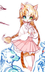 Rule 34 | 1girl, animal ears, blonde hair, blue eyes, braid, cat ears, cat girl, commentary, english commentary, furry, furry female, green eyes, hands up, heterochromia, high-waist skirt, interlocked fingers, looking at viewer, miniskirt, original, pigeon666, pleated skirt, shirt, skirt, slit pupils, smile, solo, tail, thighhighs, twin braids, white fur, white shirt, white thighhighs