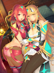 Rule 34 | 2girls, absurdres, black gloves, blonde hair, bob cut, breasts, chest jewel, cleavage, cleavage cutout, clothing cutout, dress, earrings, fingerless gloves, gloves, highres, jewelry, kashiwamochi yomogi, large breasts, long hair, multiple girls, mythra (massive melee) (xenoblade), mythra (xenoblade), pantyhose, pantyhose under shorts, pyra (xenoblade), red eyes, red hair, red shorts, short dress, short hair, short shorts, shorts, swept bangs, thigh strap, thighhighs, tiara, very long hair, white dress, xenoblade chronicles (series), xenoblade chronicles 2, yellow eyes