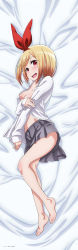 Rule 34 | 1girl, :d, absurdres, barefoot, bed sheet, blonde hair, bow, breasts, cleavage, collared shirt, dakimakura (medium), dress shirt, from above, full body, grey skirt, hair bow, hairband, highres, kokura hikari, looking at viewer, lying, medium breasts, midriff, miniskirt, mukaigawara ken, no bra, on side, open clothes, open mouth, open shirt, pleated skirt, red bow, red eyes, red hairband, rifle is beautiful, school uniform, shirt, short hair, skirt, smile, solo, stomach, swept bangs, white shirt, wing collar