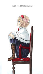 Rule 34 | 1girl, alice margatroid, blonde hair, blue eyes, boots, chair, feet on chair, female focus, full body, graphite (medium), hairband, hugging own legs, looking up, mixed media, nabeshima tetsuhiro, pantyhose, profile, short hair, sitting, solo, touhou, traditional media