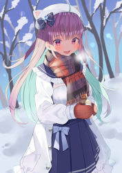 Rule 34 | 1girl, :d, absurdres, animal ears, bare tree, blue bow, blue hair, blue skirt, blush, bottle, bow, braid, colored inner hair, commentary, fake animal ears, frilled shirt collar, frills, hat, hat bow, heart, highres, holding, holding bottle, hololive, jacket, long hair, long sleeves, looking at viewer, minato aqua, minato aqua (sailor), mittens, multicolored hair, open clothes, open jacket, open mouth, outdoors, pink eyes, pink hair, pleated skirt, red mittens, scarf, shirt, shokorate, skirt, smile, snow, solo, striped clothes, striped scarf, symbol-only commentary, tree, virtual youtuber, white hat, white jacket, white shirt