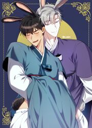 Rule 34 | 2boys, animal ears, blue background, blush, brown hair, closed mouth, highres, ilay riegrow, jeong taeui, korean clothes, leaning on person, light smile, male focus, multiple boys, o ssion, open mouth, passion (manhwa), rabbit ears, rabbit tail, split mouth, sweatdrop, tagme, tail, white hair, yaoi