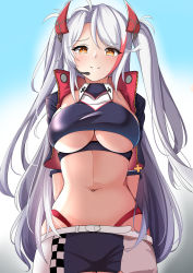 Rule 34 | 1girl, absurdres, azur lane, breasts, checkered clothes, checkered skirt, cleavage cutout, clothing cutout, collar, headgear, highres, jacket, large breasts, looking at viewer, microphone, moyoron, navel, prinz eugen (azur lane), prinz eugen (final lap) (azur lane), skirt, solo, underboob, white hair, yellow eyes