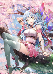 Rule 34 | 1girl, :d, ahoge, armlet, blue hair, blue thighhighs, breasts, dress, floating hair, gabiran, gradient dress, hand in own hair, in tree, lens flare, long hair, looking at viewer, medium breasts, official art, open mouth, petals, pink dress, sash, shinkai no valkyrie, short dress, sitting, sitting in tree, sleeveless, sleeveless dress, smile, solo, thighhighs, tree, very long hair, white dress, yellow eyes, zettai ryouiki