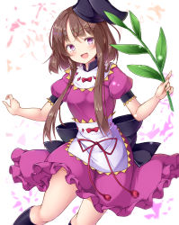 Rule 34 | 1girl, :d, aka tawashi, apron, black hat, bow, brown hair, dress, hat, highres, holding, holding plant, looking at viewer, myouga (plant), nishida satono, open mouth, petticoat, pink dress, pink eyes, plant, puffy short sleeves, puffy sleeves, red bow, short hair with long locks, short sleeves, smile, solo, tate eboshi, touhou, waist apron, white apron, white background