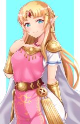 Rule 34 | 1girl, aqua background, arm behind back, belt, blonde hair, blue eyes, blush, bracer, cape, circlet, cowboy shot, dress, earrings, forehead jewel, hand on own chest, happy, highres, jewelry, long hair, looking at viewer, matsumotoke, necklace, nintendo, parted bangs, pearl necklace, pointy ears, princess zelda, short sleeves, shoulder pads, sidelocks, simple background, smile, solo, super smash bros., the legend of zelda, the legend of zelda: a link between worlds, thighs, triforce, white cape, white dress