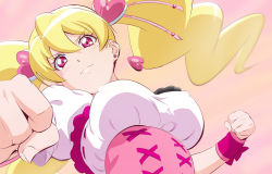 Rule 34 | 1girl, blonde hair, breasts, covered erect nipples, cure peach, fresh precure!, fuchi (nightmare), hair between eyes, hair ornament, heart, heart hair ornament, large breasts, long hair, looking at viewer, magical girl, momozono love, pink eyes, precure, solo, twintails, upper body, wrist cuffs