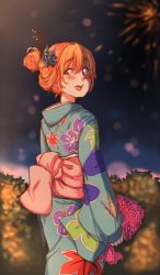 Rule 34 | 1girl, :d, absurdres, akiosketch, blue eyes, blue kimono, blurry, blurry background, blush, commentary, depth of field, english commentary, floral print, hair between eyes, hair bun, hair ornament, hairpin, highres, japanese clothes, kimono, long sleeves, looking at viewer, looking back, night, night sky, obi, open mouth, orange hair, original, outdoors, sash, single hair bun, sky, smile, solo, standing, yukata