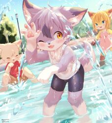 Rule 34 | 1girl, 2boys, absurdres, animal ear fluff, animal ears, bike shorts, black shorts, blonde hair, blue eyes, blush, body fur, cat boy, cat ears, child, closed eyes, dated, day, dog boy, dog ears, dog tail, dress, fang, fewer digits, fountain, fox ears, fox girl, furry, furry female, furry male, highres, lamppost, multiple boys, one eye closed, open mouth, orange eyes, original, outdoors, pawpads, pink dress, piporinton, playing, purple hair, red shirt, shirt, short hair, shorts, sitting, standing, tail, tank top, twitter username, water, wet, wet clothes, white tank top
