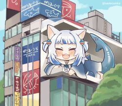 Rule 34 | 1girl, :3, :d, ^ ^, absurdres, animal ears, blue hair, blunt bangs, blush, building, cat ears, character name, closed eyes, commentary request, day, facing viewer, fins, fish tail, gawr gura, giant, giantess, hair ornament, highres, hololive, hololive english, kemonomimi mode, meme, multicolored hair, open mouth, outdoors, parody, real world location, same anko, shark tail, sharp teeth, shinjuku (tokyo), shinjuku cat, shrimp, smile, solo, streaked hair, tail, teeth, tokyo (city), translated, twitter username, two-tone hair, v-shaped eyebrows, virtual youtuber, white hair, wide sleeves