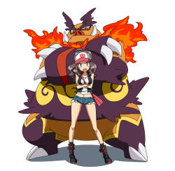 Rule 34 | 10s, 1girl, angry, bag, baseball cap, between breasts, blue eyes, boots, breasts, brown hair, creatures (company), crossed arms, cutoffs, denim, denim shorts, emboar, fire, full body, game freak, gen 5 pokemon, hat, high ponytail, hilda (pokemon), monster, nintendo, pig, pokemon, pokemon (creature), pokemon bw, ponytail, red eyes, short shorts, shorts, shoulder bag, simple background, size difference, takeya yuuki, tusks, wavy hair, wide hips
