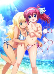 Rule 34 | 2girls, :d, absurdres, areola slip, bare arms, bare legs, bare shoulders, beach, bikini, black legwear, blonde hair, blue eyes, blue sky, blush, bow, breasts, buttons, cleavage, cloud, cloudy sky, collarbone, collared shirt, covering breasts, covering privates, day, gluteal fold, green eyes, groin, hair between eyes, hair bow, hair intakes, hairband, highres, huge filesize, large breasts, leg up, legs apart, lens flare, long hair, love-bride eve, multiple girls, mutsumi masato, natsume himawari, navel, ocean, open mouth, outdoors, puffy short sleeves, puffy sleeves, red bow, red hair, scan, shirt, short sleeves, side-tie bikini bottom, side ponytail, sky, smile, sparkle, standing, standing on one leg, stomach, string bikini, striped bikini, striped clothes, sweatdrop, swimsuit, tan, thighhighs, twintails, unworn bikini top, water, white bikini, white bow, white hairband, whitesoft, yuzuya miyu